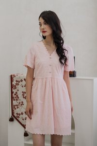 Elaine Ribbon Button Eyelet Dress In Pink (XS)