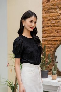 Sabina Eyelet Smocked Sleeve Top In Black