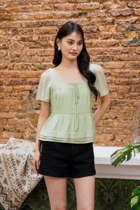 Tatum Textured Ribbonette Square Neck Top In Apple Green (XS)