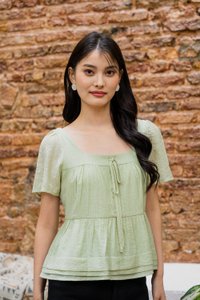 Tatum Textured Ribbonette Square Neck Top In Apple Green (XS)