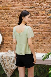 Tatum Textured Ribbonette Square Neck Top In Apple Green (XS)