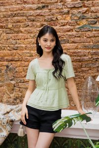Tatum Textured Ribbonette Square Neck Top In Apple Green (XS)