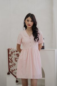 Elaine Ribbon Button Eyelet Dress In Pink (XS)