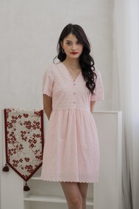 Elaine Ribbon Button Eyelet Dress In Pink (XS)
