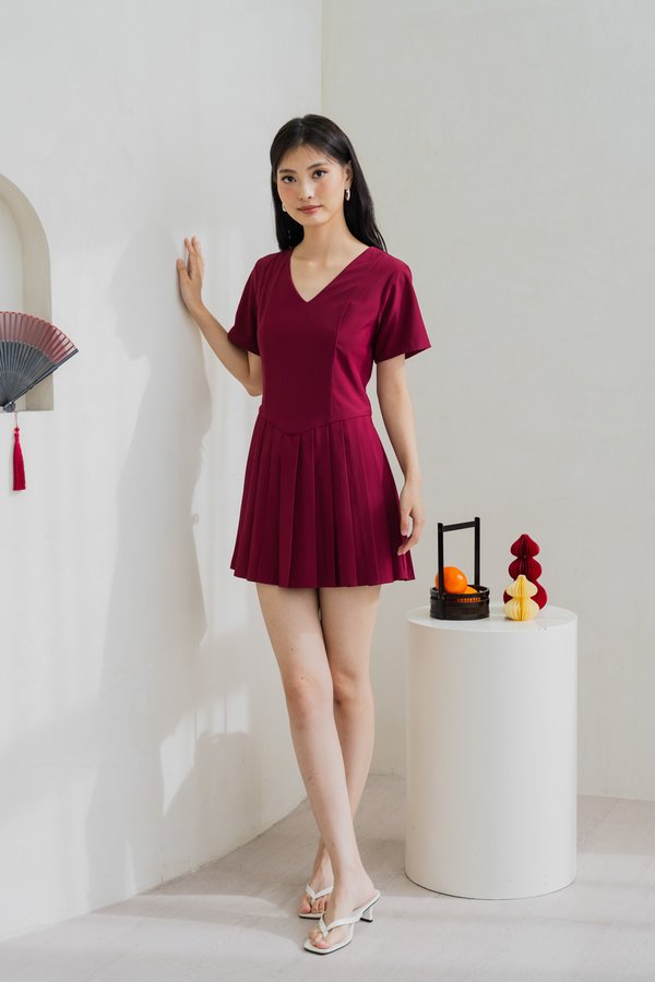 Roslyn Pleated Dress Romper In Wine (XS)