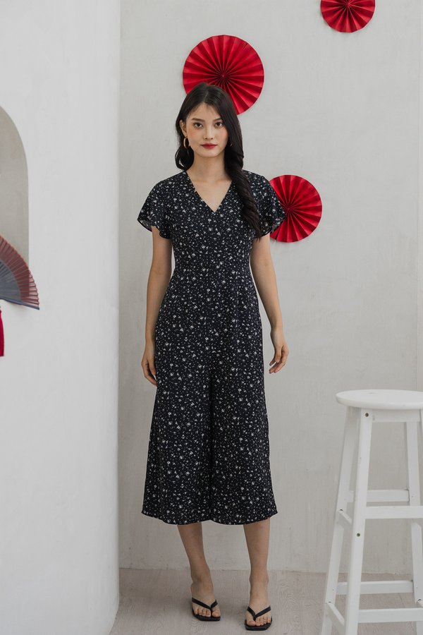 Floretta Printed Flare Sleeves Jumpsuit In Black (XS)