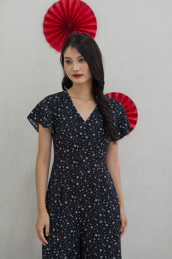 Floretta Printed Flare Sleeves Jumpsuit In Black (XS)