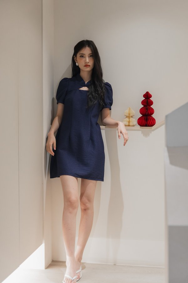 Chantel Tweed Cheongsam Dress In Navy (S)