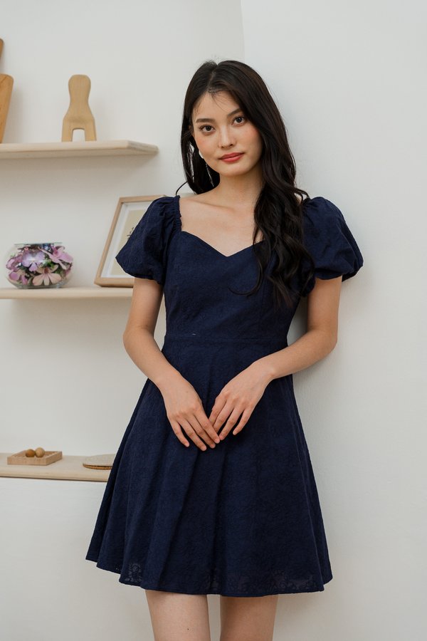 Dazzle Floral Embroidery Puff Sleeve Dress In Navy