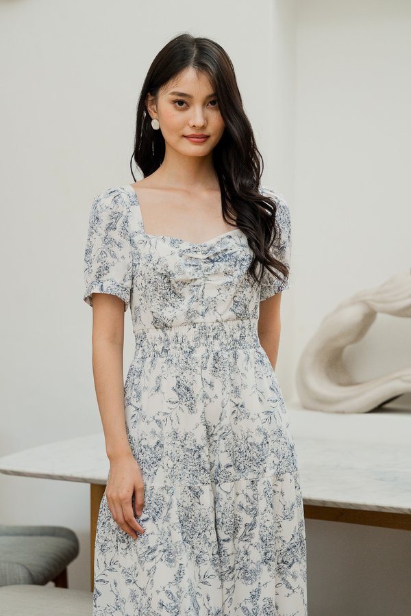 Emerie Porcelain Smocked Waist Midi Dress In Black (XS)