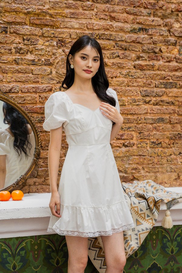 Leighton Empire Waist Lace Hem Dress In White