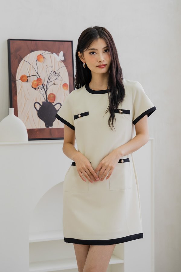 Prida Pearl Button Contrast Dress In Cream (XS)