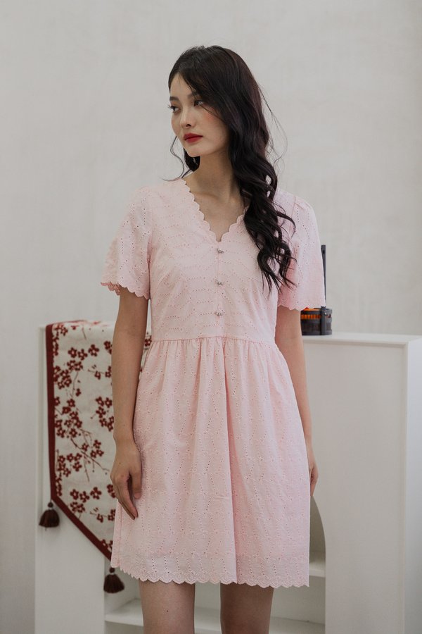 Elaine Ribbon Button Eyelet Dress In Pink (XS)