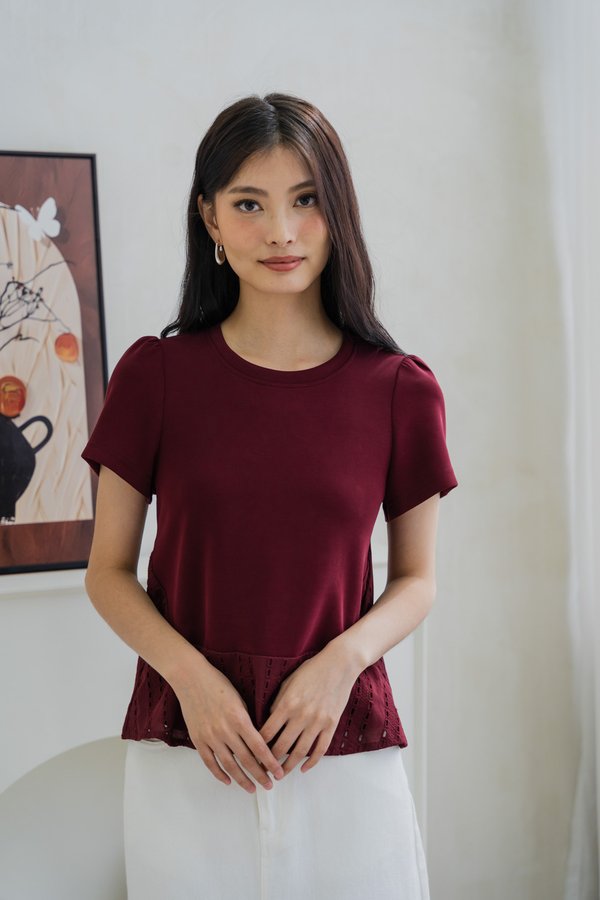 Hillarie Eyelet Hem Cotton Top In Wine (XS)