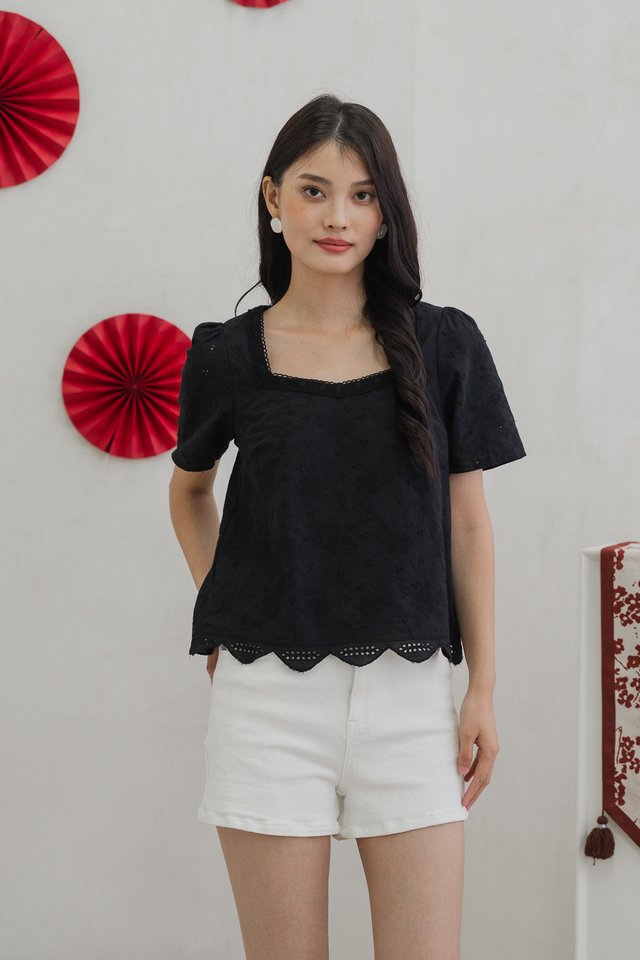 Caitlin Crochet Eyelet Top In Black