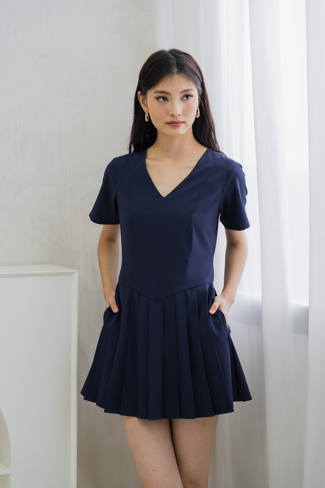 Roslyn Pleated Dress Romper In Navy