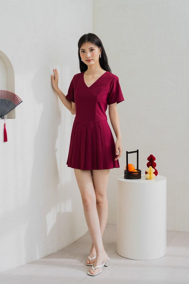 Roslyn Pleated Dress Romper In Wine