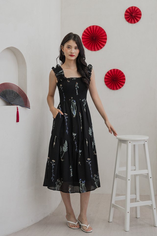Trixie Smocked Embroidery Ruffles Midi Dress In Black