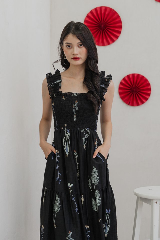 Trixie Smocked Embroidery Ruffles Midi Dress In Black