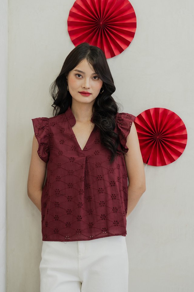 Mei Mandarin Collar Eyelet Top In Wine