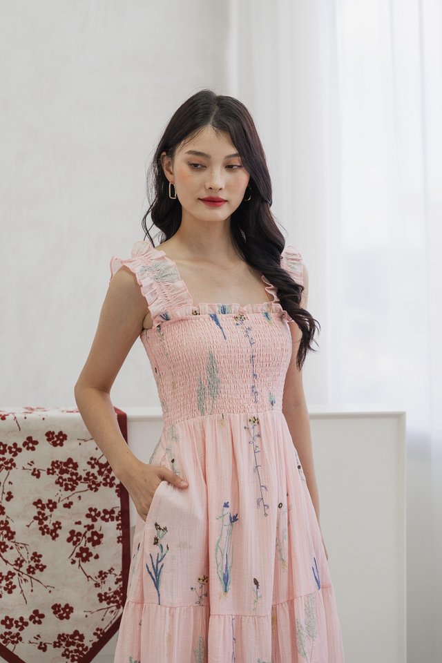 Trixie Smocked Embroidery Ruffles Midi Dress In Pink
