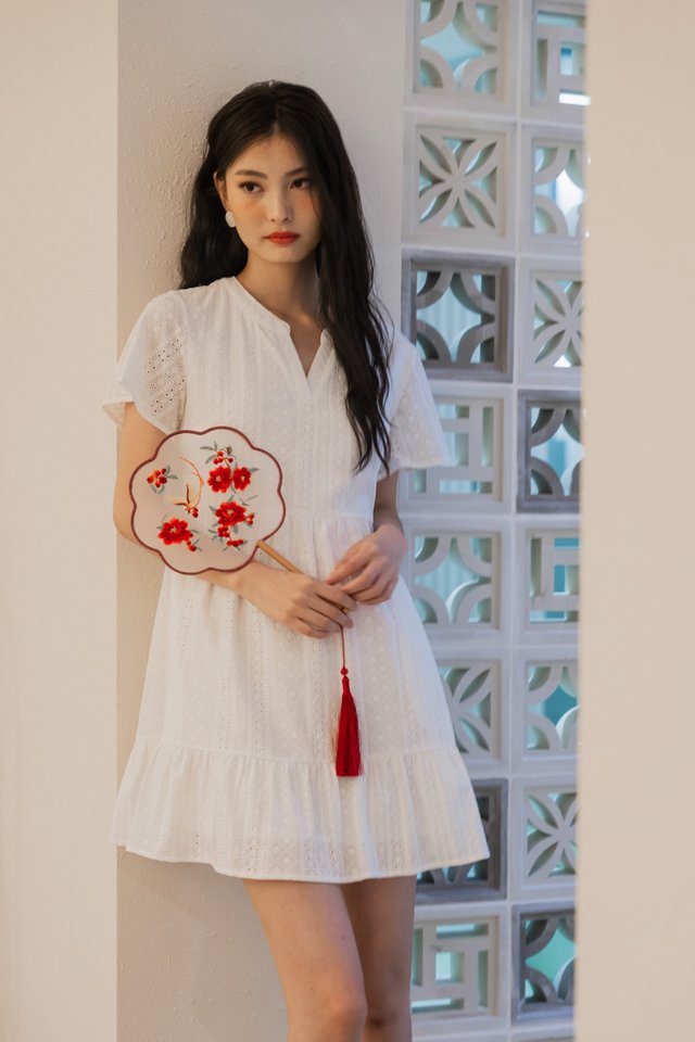 Maemi Eyelet Mandarin Collar Dress In White