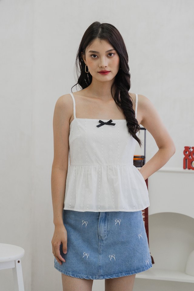 Candy Eyelet Ribbonette Camisole Top In White