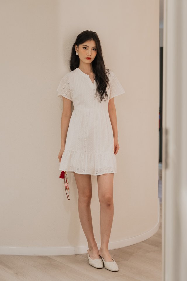Maemi Eyelet Mandarin Collar Dress In White