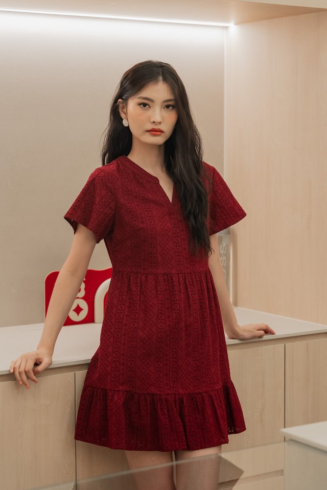Maemi Eyelet Mandarin Collar Dress In Wine