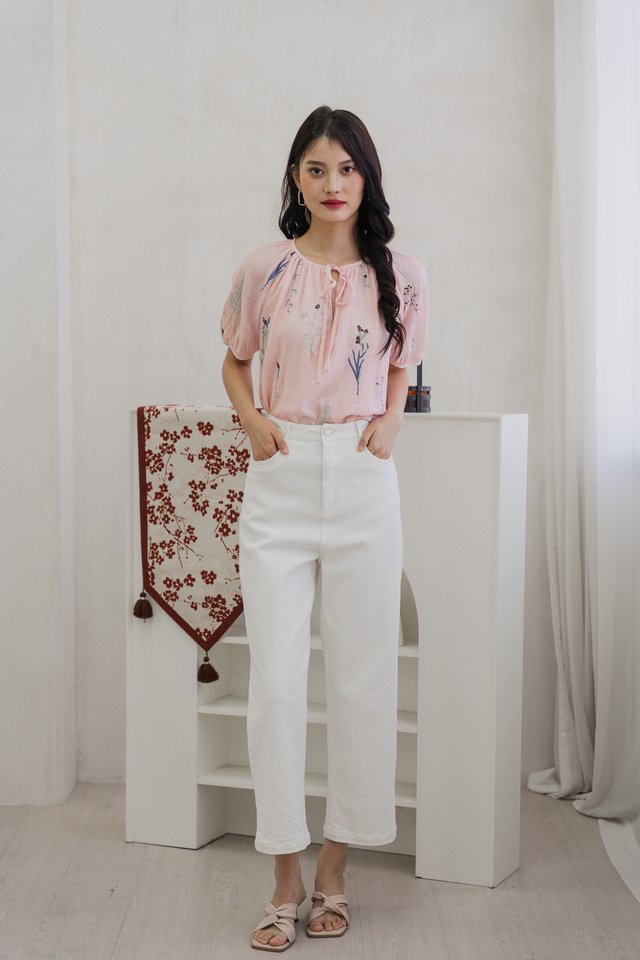 Trixie Embroidery Ribbon Puff Sleeve Top In Pink