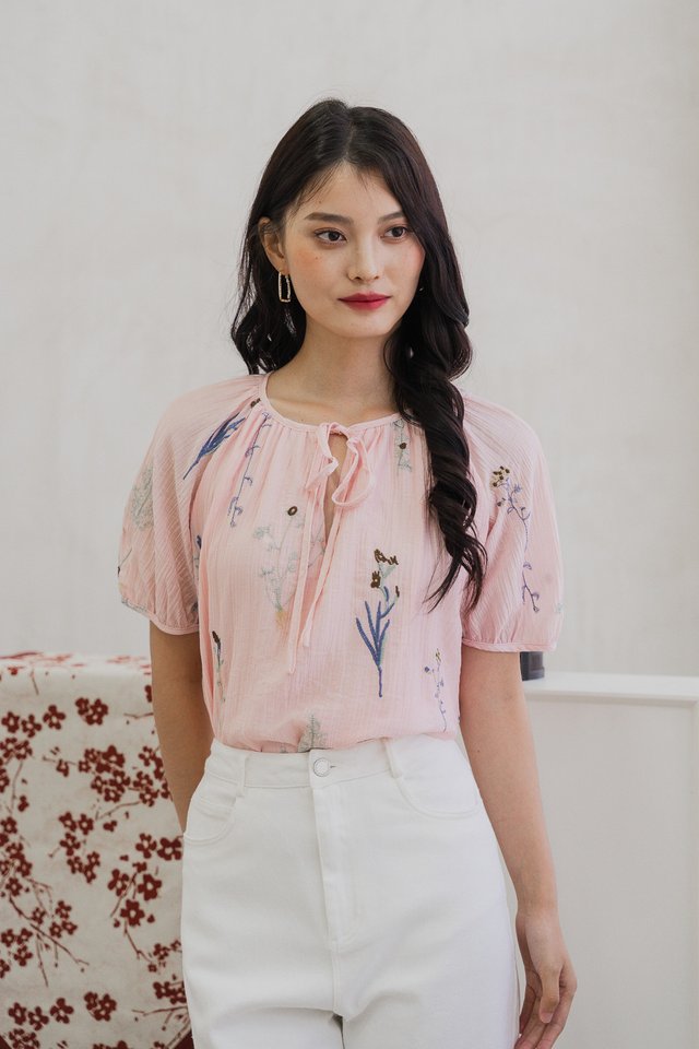 Trixie Embroidery Ribbon Puff Sleeve Top In Pink