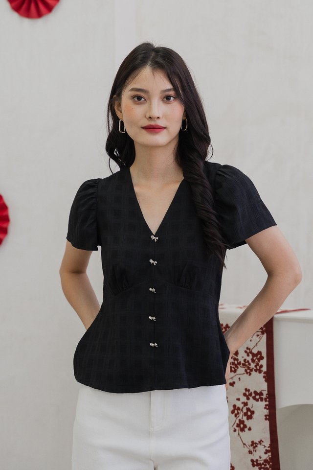River Textured Ribbon Button Top In Black