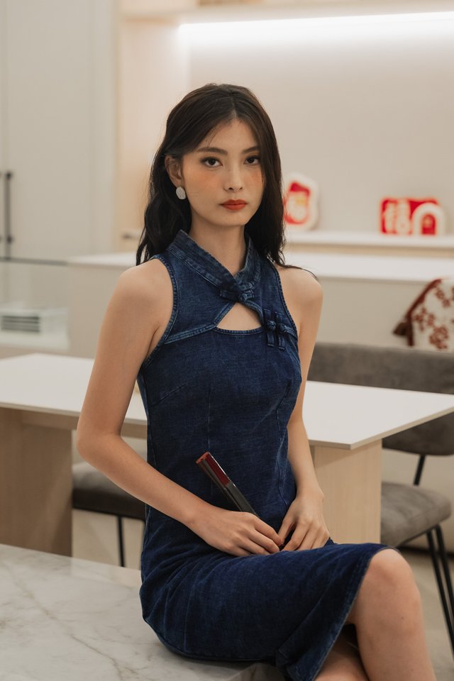 Quincy Denim Qipao Midi Dress
