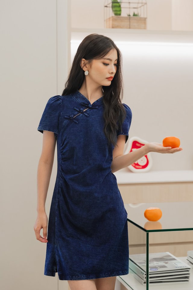Sypher Denim Cheongsam Side Ruched Dress
