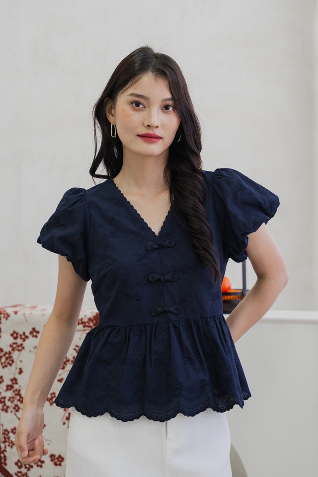 Rosa Ribbon Cheongsam Top In Navy