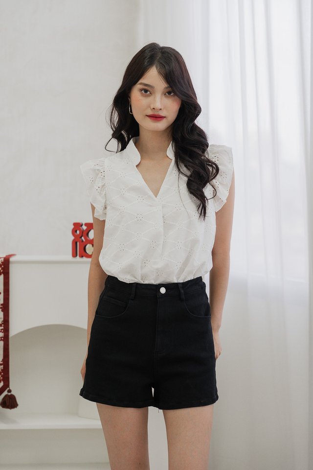 Mei Mandarin Collar Eyelet Top In White