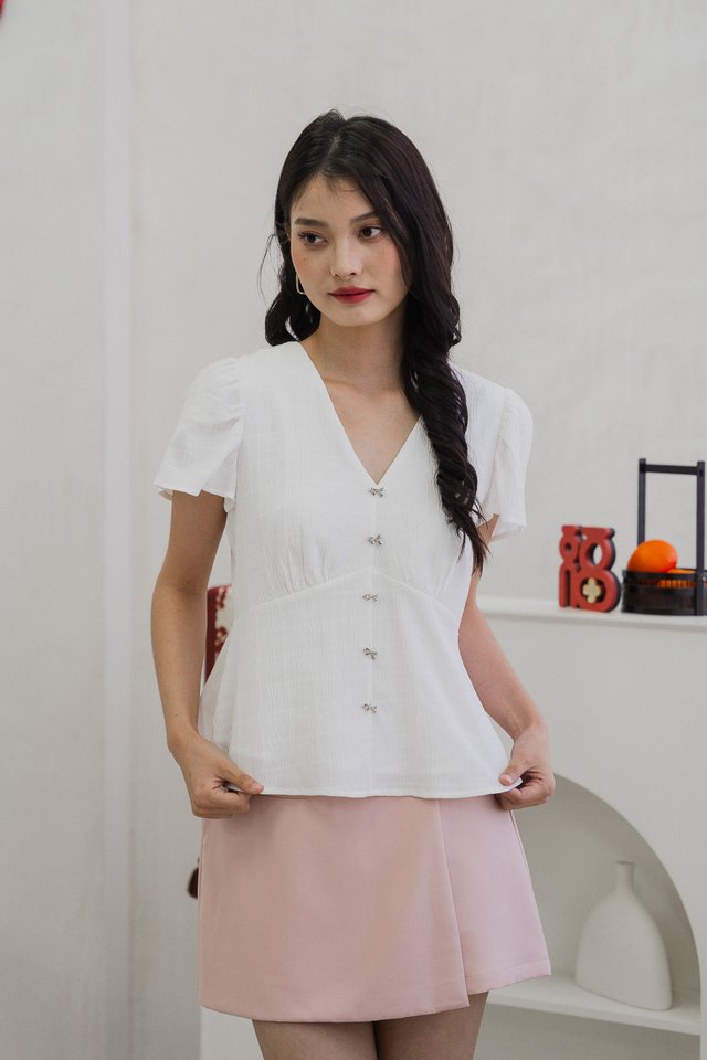 River Textured Ribbon Button Top In White