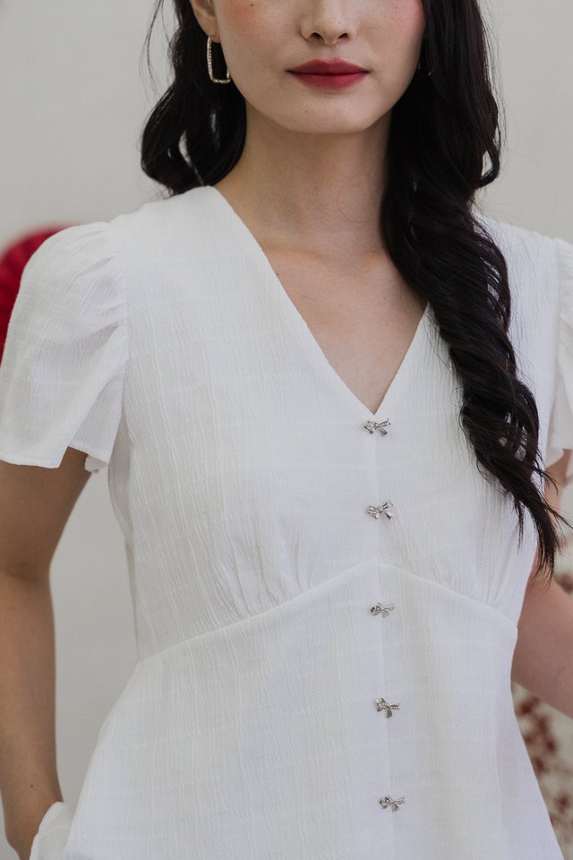 River Textured Ribbon Button Top In White