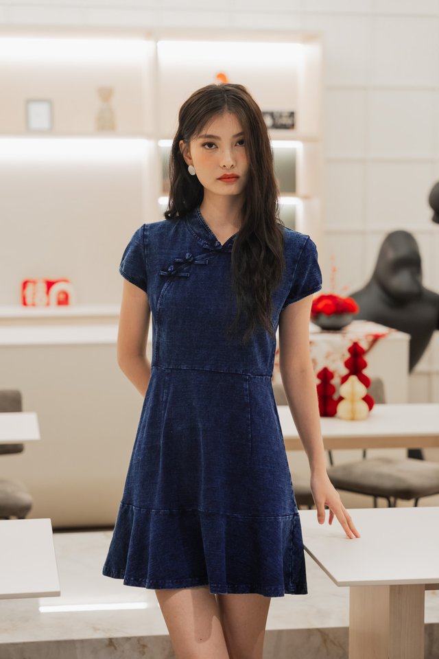 Crimson Denim Cheongsam Dropwaist Dress