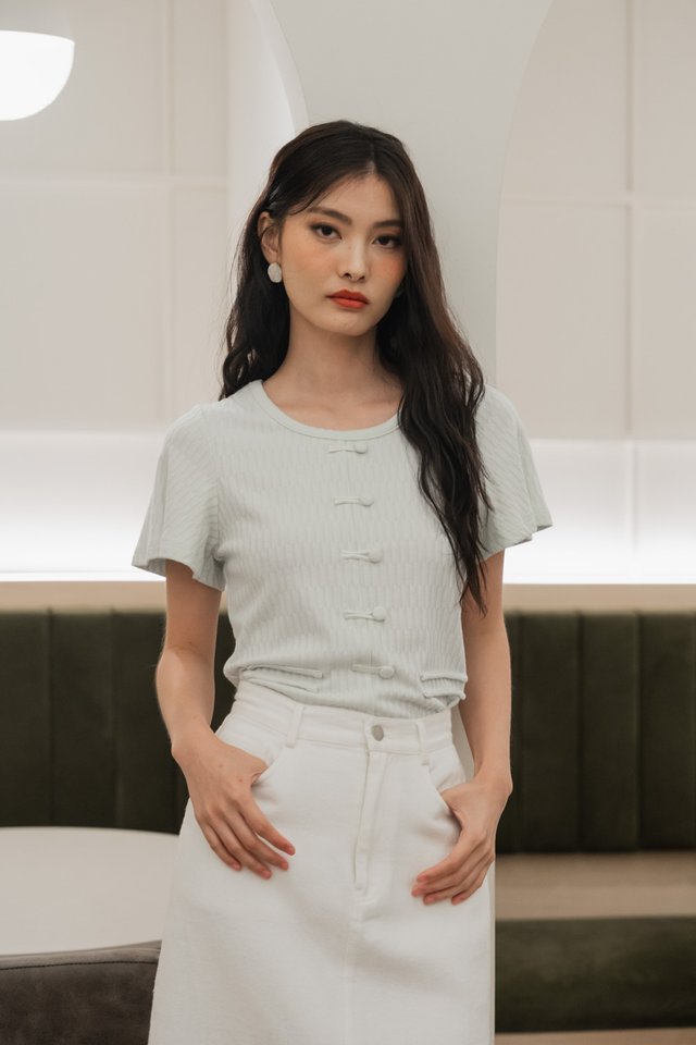 Agatha Mandarin Button Knit Top In Mint