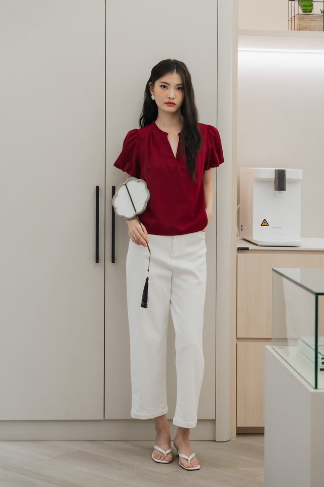 Phea Frilled Mandarin Collar Top In Red