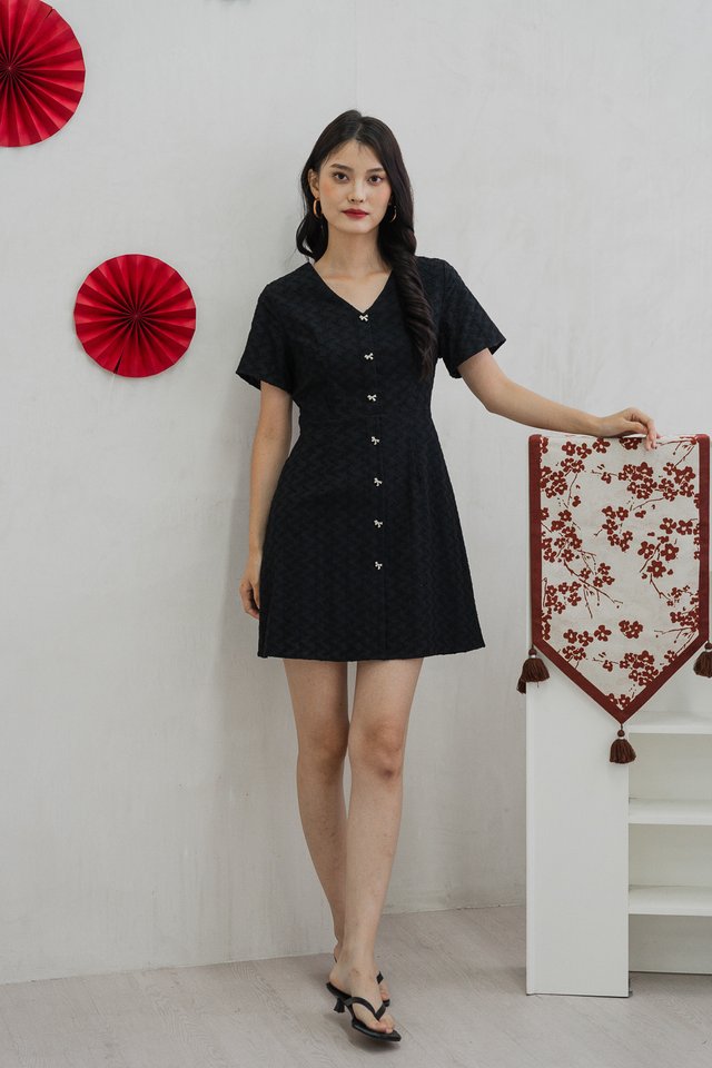 Bronya Ribbon Button Embroidery Dress In Black