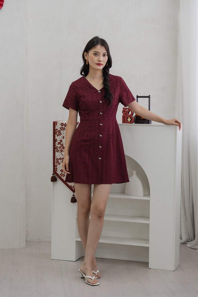 Bronya Ribbon Button Embroidery Dress In Wine