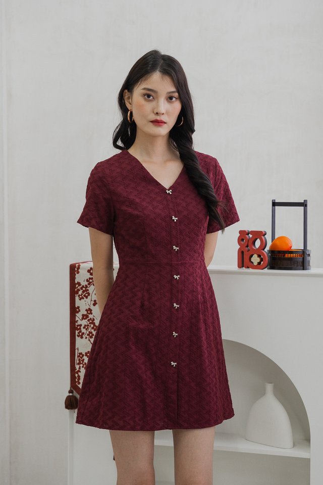 Bronya Ribbon Button Embroidery Dress In Wine