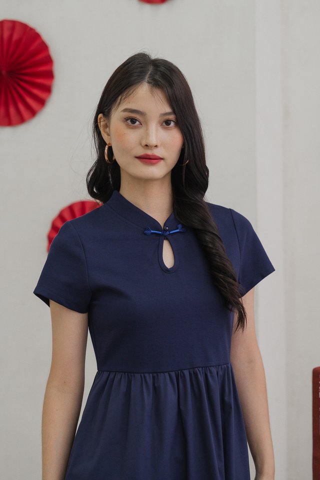 Morgan Mixed Fabric Qipao Dress In Navy