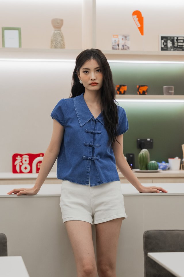 Pristine Denim Cheongsam Peterpan Top