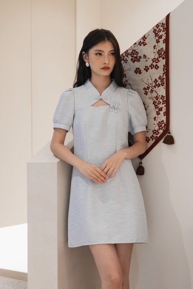 Chantel Tweed Cheongsam Dress In Ice Blue