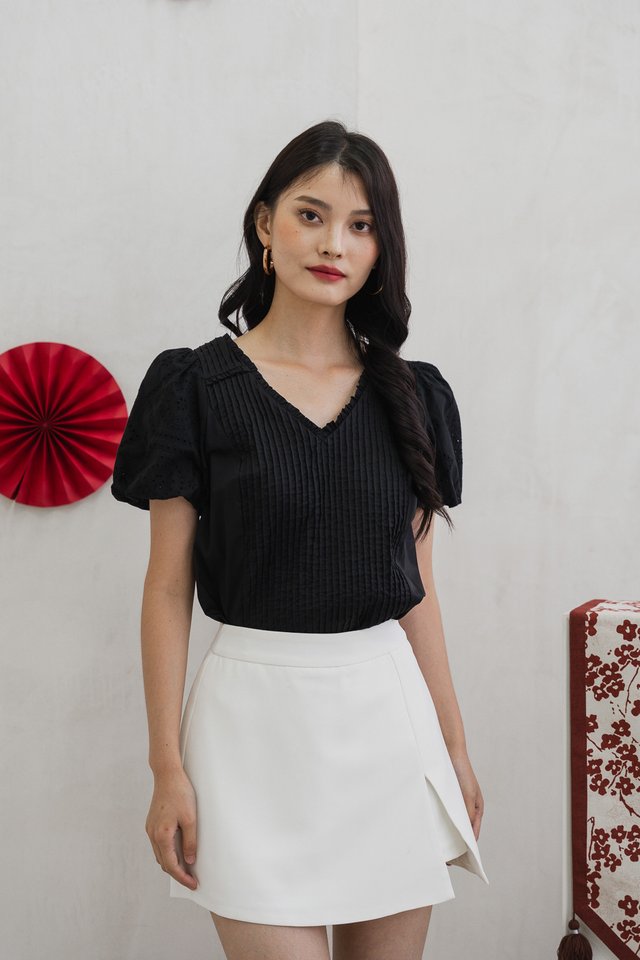 Persimmon Eyelet Sleeve Pintuck Top In Black