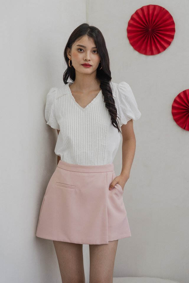 Persimmon Eyelet Sleeve Pintuck Top In White