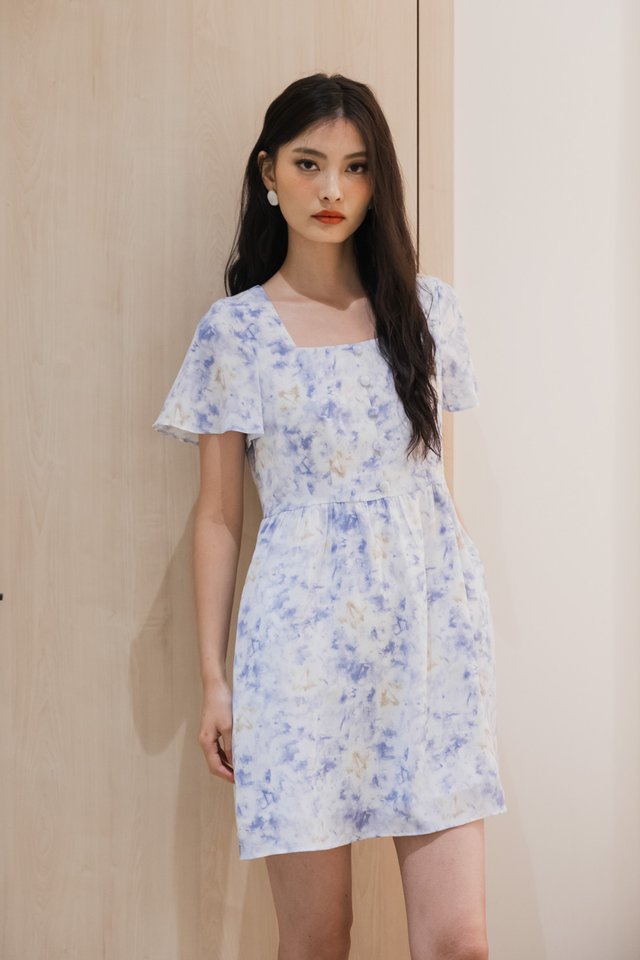 Ramona Pastel Flare Sleeve Dress In Blue